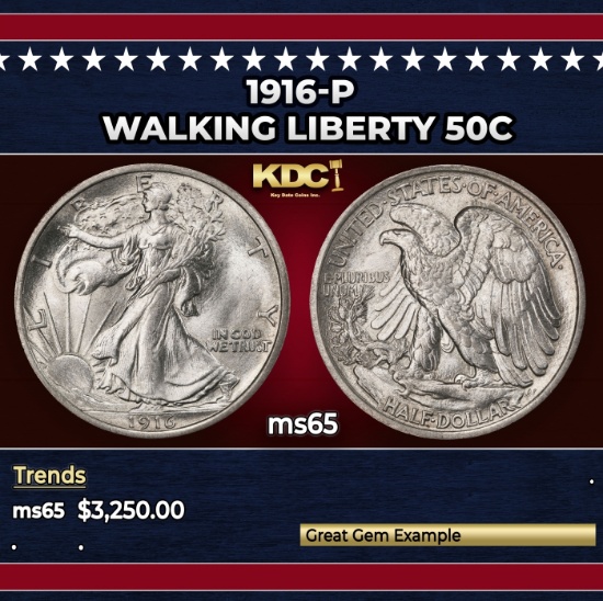1916-p Walking Liberty Half Dollar 50c ms65 SEGS