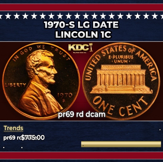 1970-s Lg Date Proof Lincoln Cent 1c pr69 rd dcam SEGS