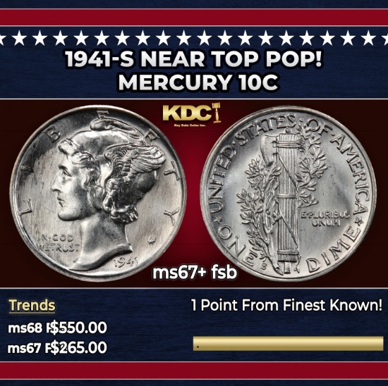 1941-s Mercury Dime Near Top Pop! 10c Grades ms67+ fsb