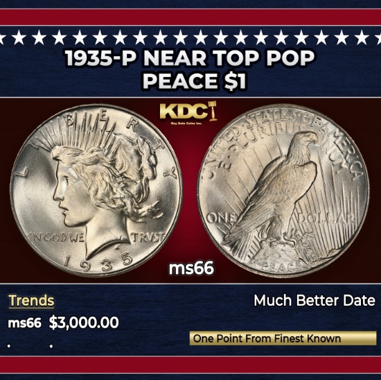 1935-p Peace Dollar Near Top Pop $1 ms66 SEGS