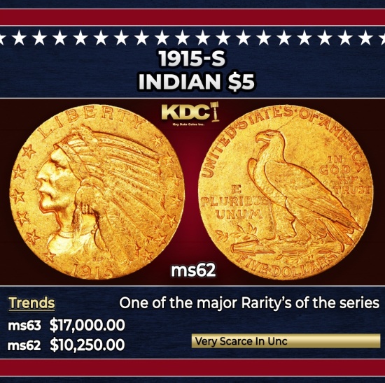 1915-s Gold Indian Half Eagle $5 ms62 USCG