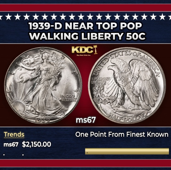 1939-d Walking Liberty Half Dollar Near Top Pop 50c ms67 SEGS