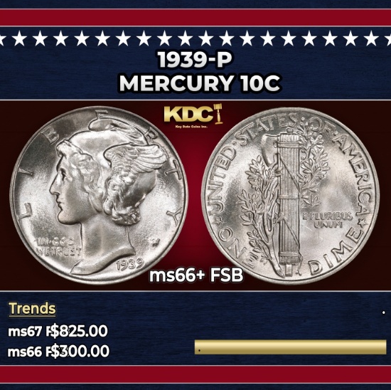 1939-p Mercury Dime 10c ms66+ FSB SEGS