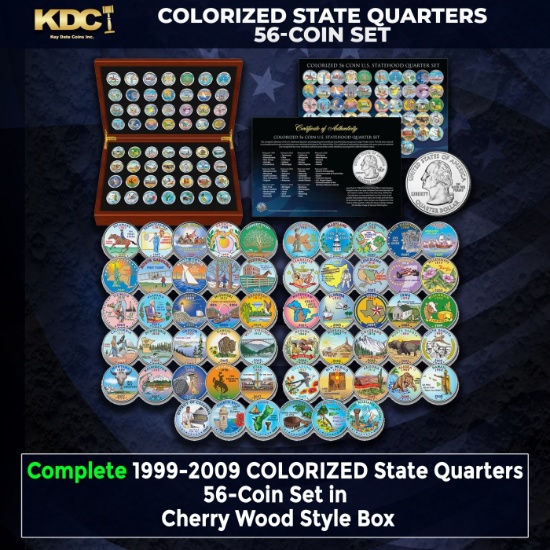 Complete 1999-2009 COLORIZED State Quarters 56-Coin Set in Cherry Wood Style Box