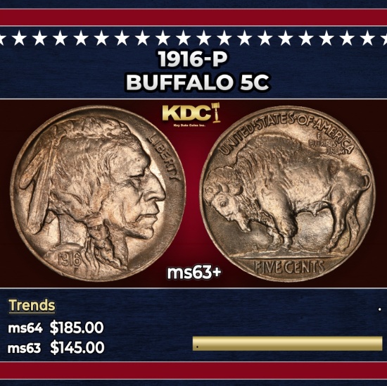 1916-p Buffalo Nickel 5c Grades ms63+