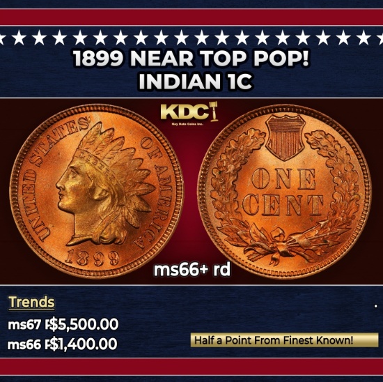 1899 Indian Cent Near Top Pop! 1c ms66+ rd SEGS
