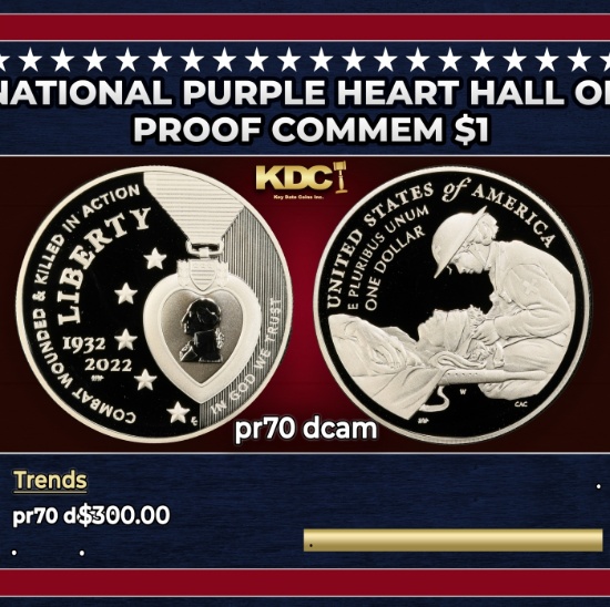 2022-w National Purple Heart Hall of Honor Proof Modern Commem Dollar $1 pr70 dcam SEGS