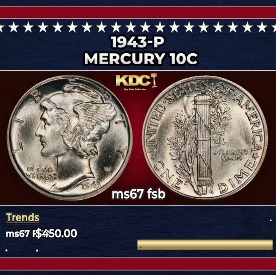1943-p Mercury Dime 10c ms67 fsb SEGS