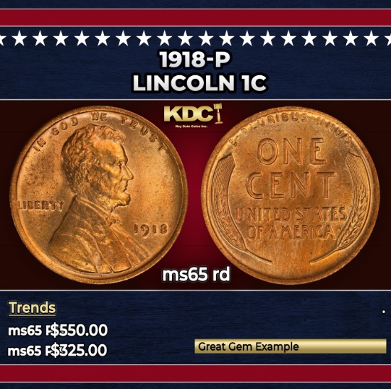 1918-p Lincoln Cent 1c Grades ms65 rd