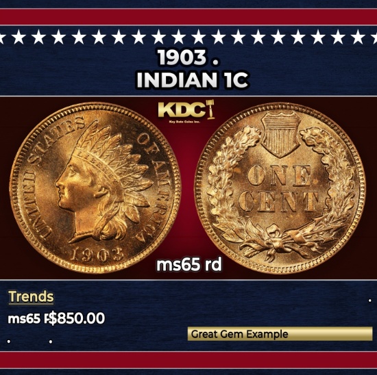 1903 Indian Cent . 1c Grades ms65 rd