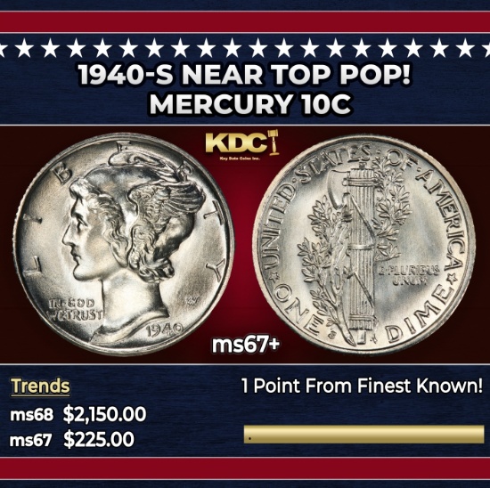 1940-s Mercury Dime Near Top Pop! 10c ms67+ SEGS