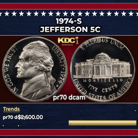1974-s Proof Jefferson Nickel 5c pr70 dcam SEGS