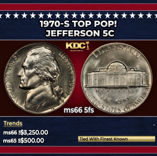 1970-s Jefferson Nickel TOP POP! 5c ms66 5fs SEGS