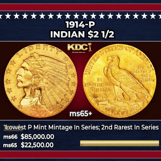 1914-p Gold Indian Quarter Eagle $2 1/2 ms65+ SEGS