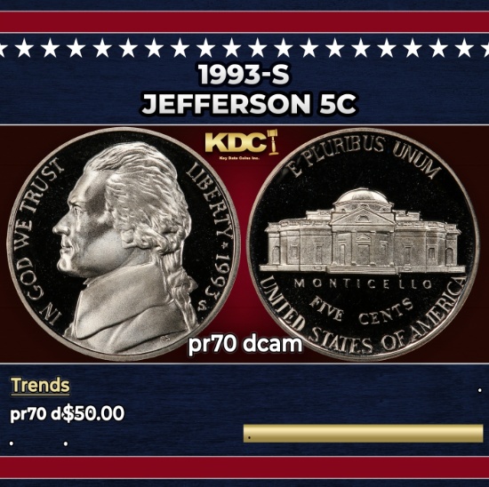 1993-s Proof Jefferson Nickel 5c pr70 dcam SEGS