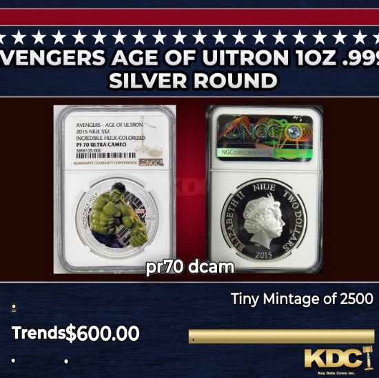NGC NGC 2015 Marvel Hulk Colorized Avengers Age of Uitron 1oz .999 Silver $2  Niue Commerative Coin
