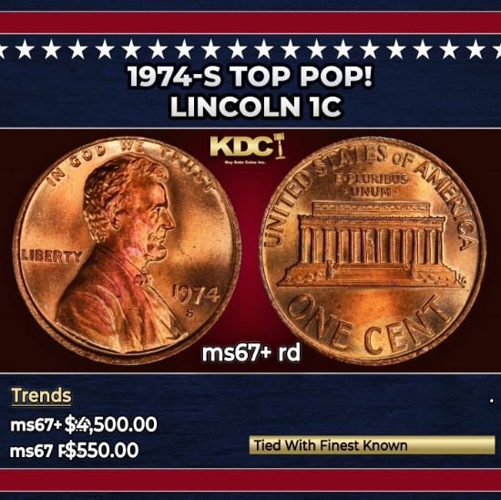 1974-s Lincoln Cent TOP POP! 1c ms67+ rd SEGS