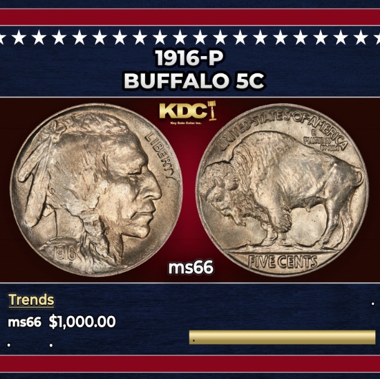 1916-p Buffalo Nickel 5c ms66 SEGS