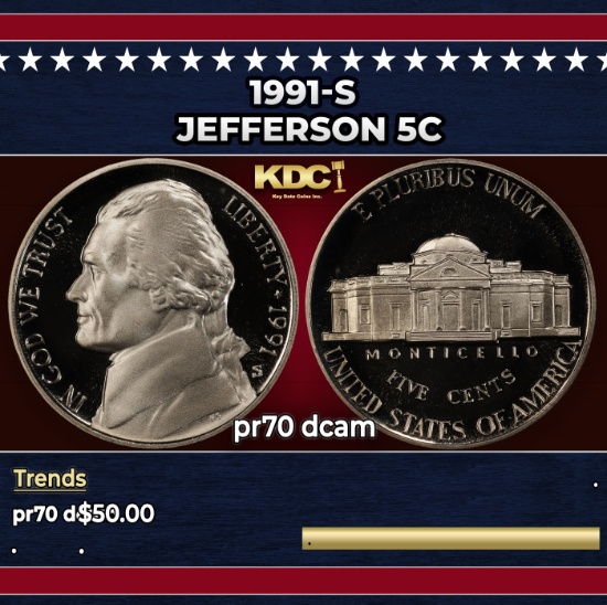 1991-s Proof Jefferson Nickel 5c pr70 dcam SEGS