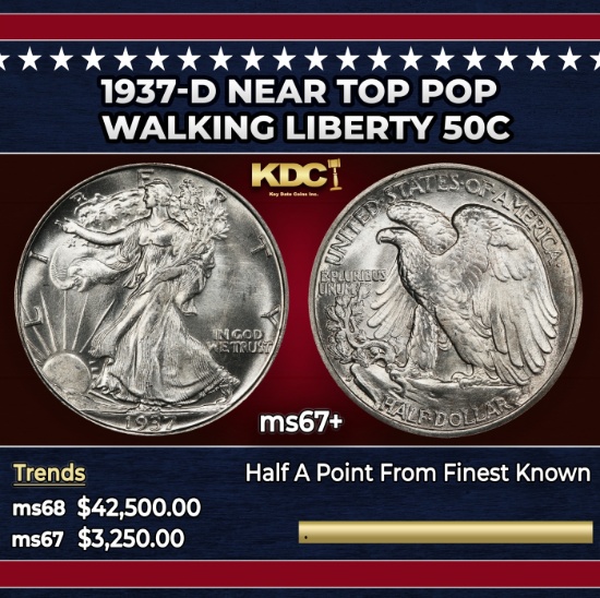1937-d Walking Liberty Half Dollar Near Top Pop 50c ms67+ SEGS