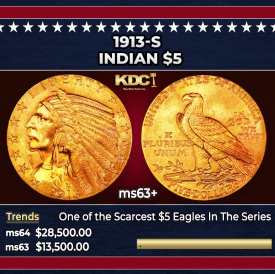 1913-s Gold Indian Half Eagle $5 ms63+ USCG