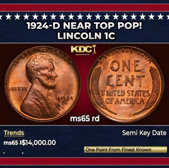 1924-d Lincoln Cent Near Top Pop! 1c ms65 rd SEGS