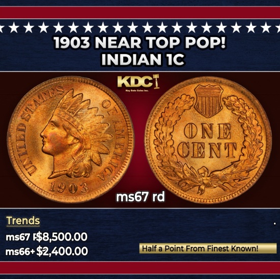 1903 Indian Cent Near Top Pop! 1c ms67 rd SEGS