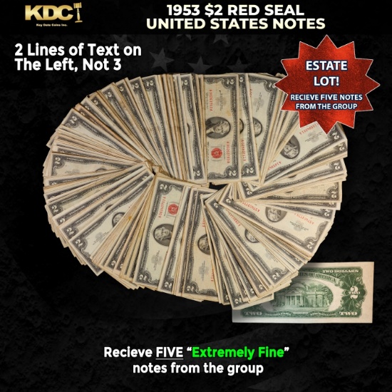 5x 1953 $2 Red Seal United States Note Grades XF