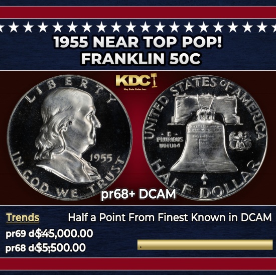 1955 Proof Franklin Half Dollar NEar Top Pop! 50c pr68+ DCAM SEGS