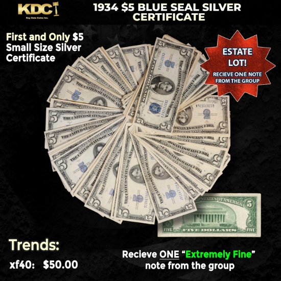 1x 1934 $5 Blue Seal Silver Certificate Grades XF