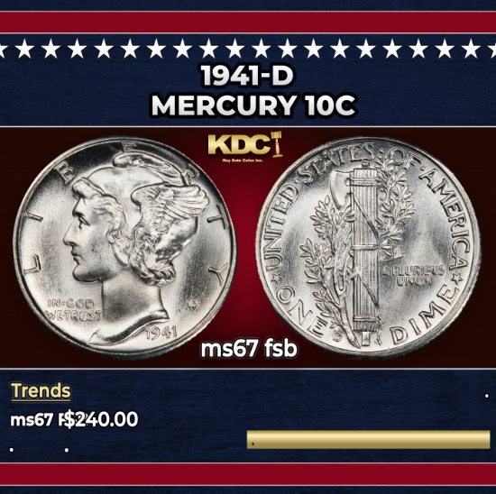 1941-d Mercury Dime 10c ms67 fsb SEGS