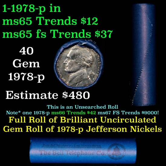 BU Shotgun Jefferson 5c roll, 1978-p 40 pcs Bank $2 Nickel Wrapper