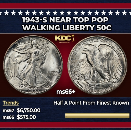 1943-s Walking Liberty Half Dollar Near Top Pop 50c ms66+ SEGS
