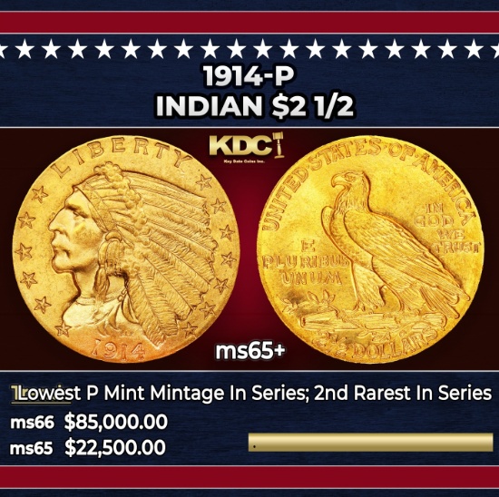 1914-p Gold Indian Quarter Eagle $2 1/2 ms65+ SEGS