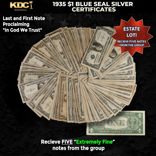 5x 1935 $1 Blue Seal Silver Certificates Grades XF