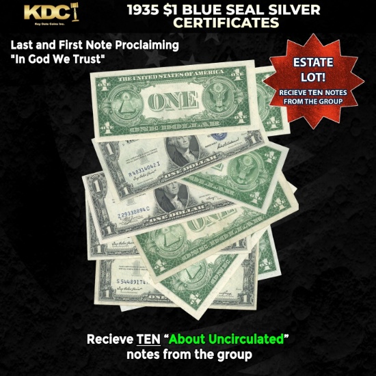 10x 1935 $1 Blue Seal Silver Certificates Grades AU