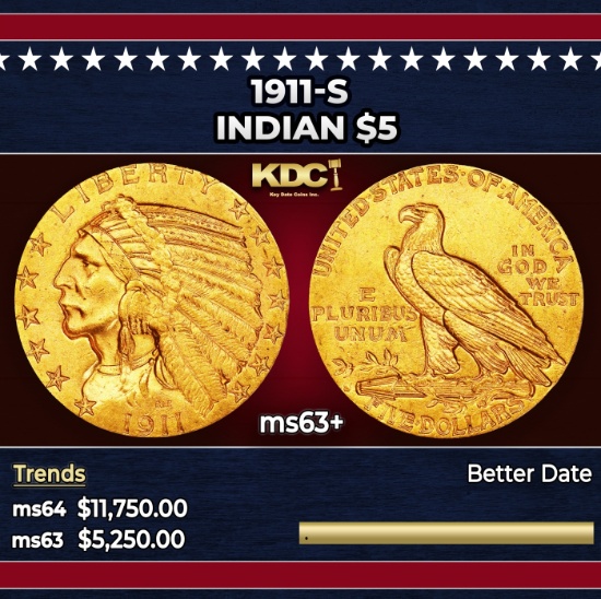 1911-s Gold Indian Half Eagle $5 ms63+ USCG