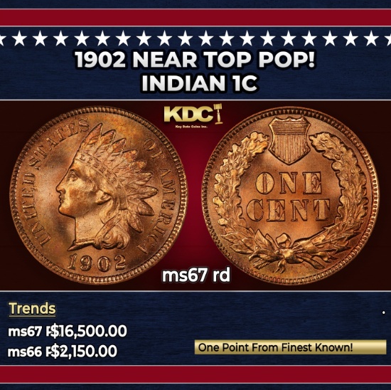1902 Indian Cent Near Top Pop! 1c ms67 rd SEGS