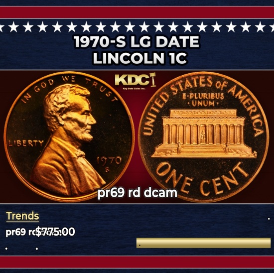 1970-s Lg Date Proof Lincoln Cent 1c pr69 rd dcam SEGS