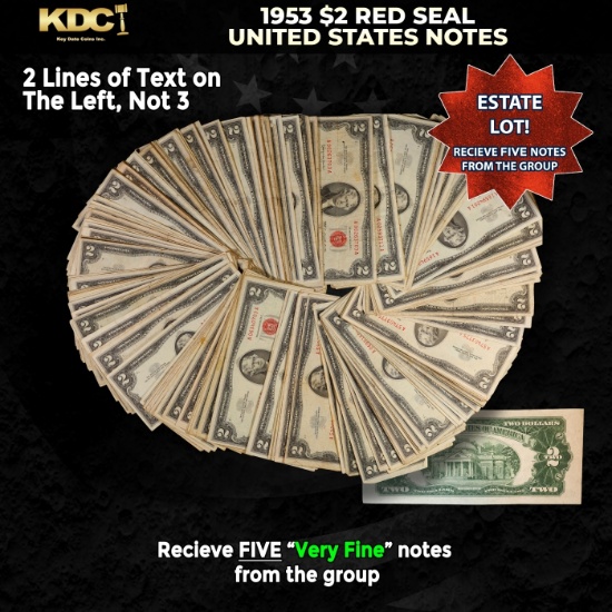 5x 1953 $2 Red Seal United States Note Grades VF