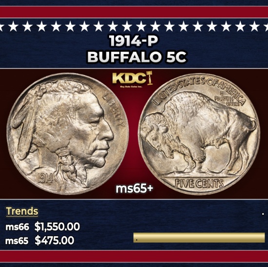 1914-p Buffalo Nickel 5c Grades ms65+