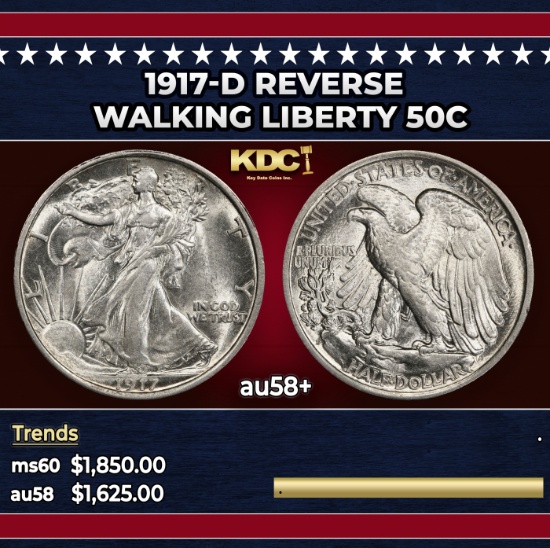 1917-d Reverse Walking Liberty Half Dollar 50c au58+ SEGS