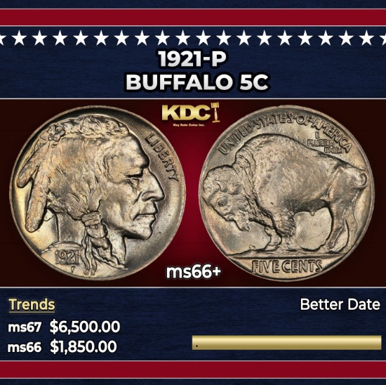1921-p Buffalo Nickel 5c ms66+ SEGS