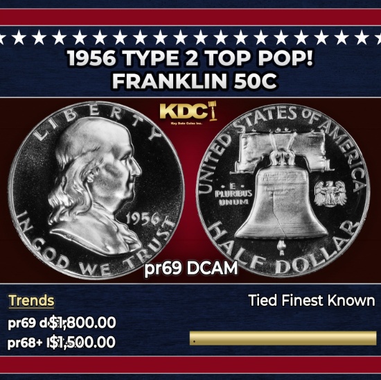 1956 Type 2 Proof Franklin Half Dollar TOP POP! 50c pr69 DCAM SEGS