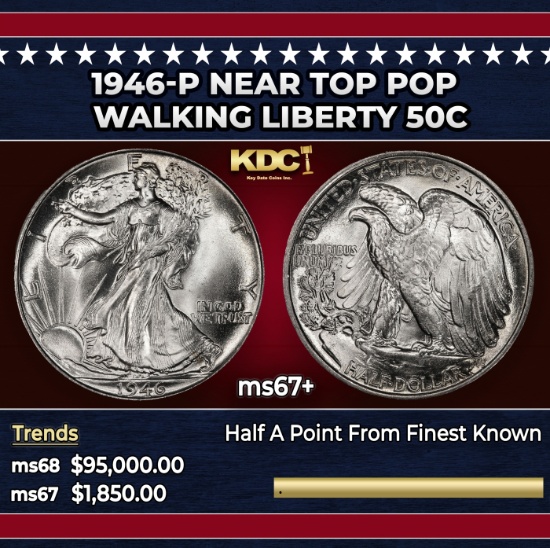 1946-p Walking Liberty Half Dollar Near Top Pop 50c ms67+ SEGS