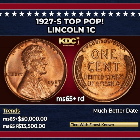 1927-s Lincoln Cent TOP POP! 1c ms65+ rd SEGS