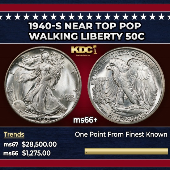 1940-s Walking Liberty Half Dollar Near Top Pop 50c ms66+ SEGS