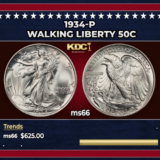 1934-p Walking Liberty Half Dollar 50c Grades ms66