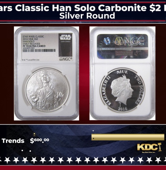 NGC 2016 Star Wars Classic Han Solo Carbonite $2 Niue 1oz Silver Proof pr70 dcam NGC