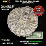 1x 1934 $5 Blue Seal Silver Certificate Grades XF